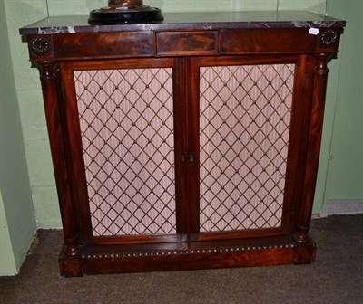 Lot 1174 - A Victorian mahogany side cabinet with metal grille doors and column supports, with later...