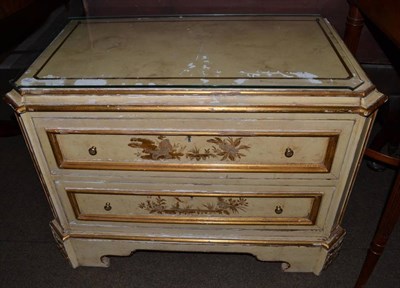 Lot 1194 - A pair of 20th century yellow and parcel gilt painted two drawer bedside cabinets, the end...