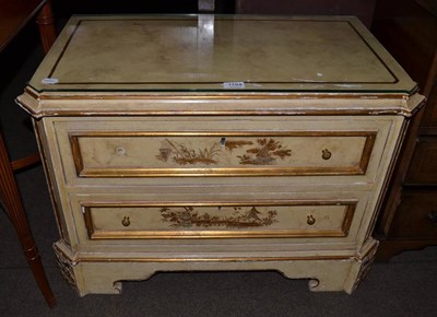Lot 1194 - A pair of 20th century yellow and parcel gilt painted two drawer bedside cabinets, the end...
