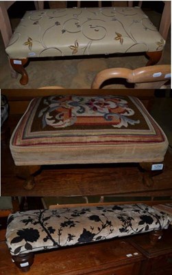 Lot 1256 - A low footstool (modern) upholstered in floral and grey velvet with turned legs; a small...
