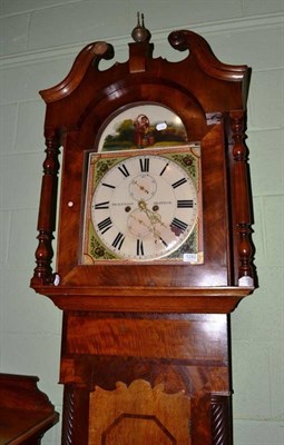 Lot 1282 - An oak and mahogany eight day longcase clock, painted arched dial, inscribed Dickenson, Skipton