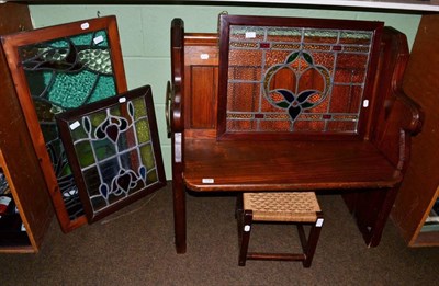 Lot 1285 - A Victorian pine small settle, three stained glass panels and an oak stool