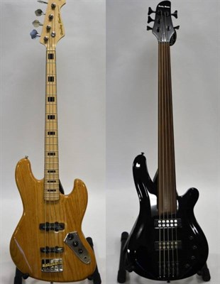 Lot 2032 - Harley Benton Two Electric Bass Guitars (i) 4-string Vintage Series, natural finish (ii)...
