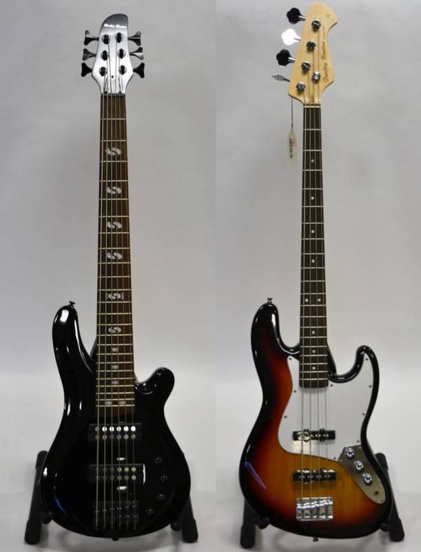 Lot 2033 - Harley Benton Two Electric Bass Guitars (i) 6-string, black finish  (ii) 4-string Standard...