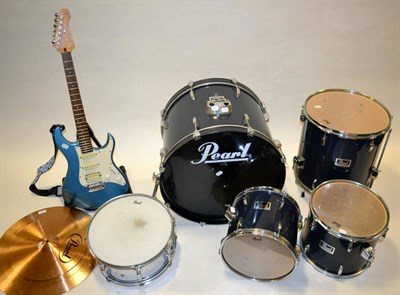 Lot 2056 - Pearl Drum Kit (Forum Series) 22'' bass, 16'' floor tom, 13'' and 12'' mounted toms; with stool...