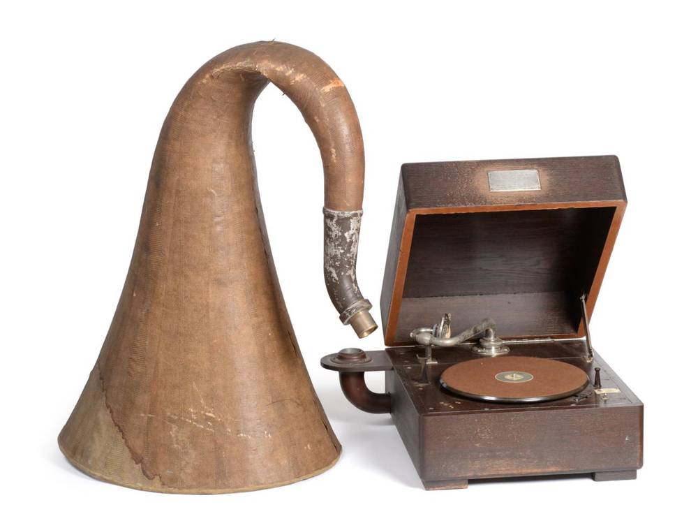 Lot 2065 - EMG Mk IX Tabletop Gramophone with 'EMG Hand Made Gramophones Museum 9971' plaque and silver plaque