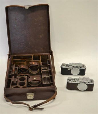 Lot 2131 - Leica IIf Camera Body Only no.681863 together with Leica II no.279395 and Leitz Leica large leather