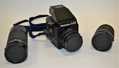 Lot 2138 - Mamiya 645 Camera no.211051, with AE Prism Finder and Mamiya-Selor f2.8 80mm lens in soft bag;...