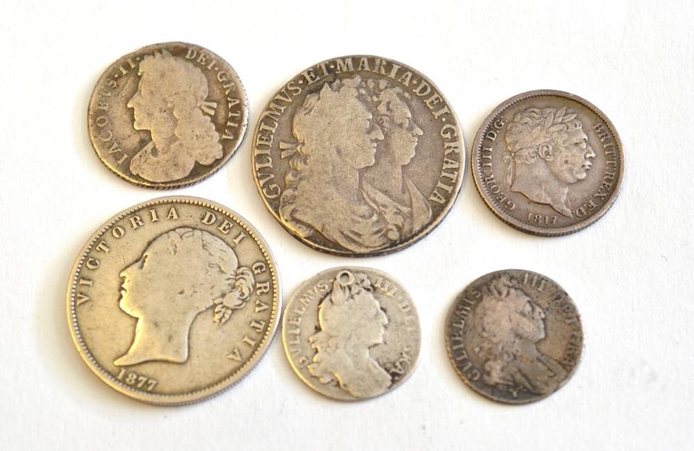 Lot 22 - James II (1685-1688), Shilling, 1685, first bust, (S.3410); William & Mary (1688-1694),...