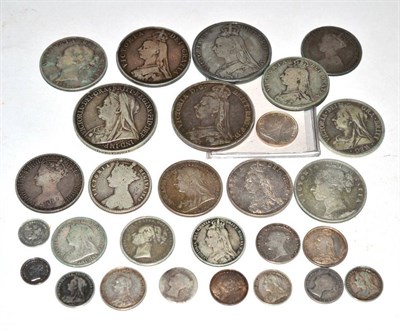 Lot 41 - Victoria (1837-1901) Silver coins (28), Young head halfcrown, 1883 (2), shilling 1883, sixpence...