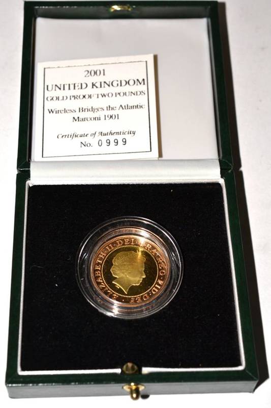 Lot 69 - Elizabeth II (1952-), proof £2 struck in gold, 2001 Marconi design, (1,658 issued), in Royal...