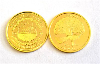 Lot 91 - Gibraltar gold proof Crown, 1997 and Republic of Liberia gold proof 100 dollars, 1998, both...