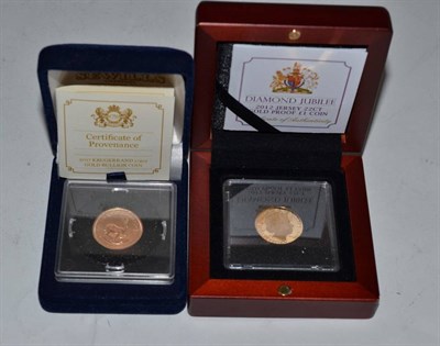 Lot 97 - Jersey, gold proof £1, 2012, 22ct., 7.98g, in case of issue with certificate; South Africa,...