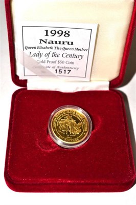 Lot 98 - Naru, gold proof $50, 1998, Queen Elizabeth the Queen Mother, 7.776g, 14ct. In Royal Mint case with