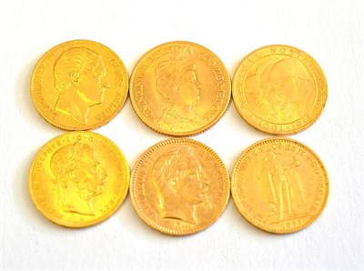 Lot 101 - Foreign gold 0.900 fine coins (5): Belgium, 20 Francs, Leopold I, 1865; France, 20 Francs, Napoleon