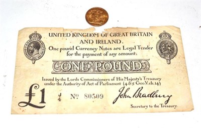 Lot 113 - George V (1910-1936), Sovereign, 1918, (S.3996); English banknote, Treasury £1, Bradbury,...