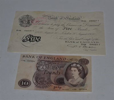 Lot 117 - Bank of England, £5, Beale, 1950, series S44 090211 and dated 30th August 1950; £10, Page,...