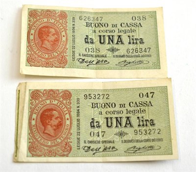 Lot 124 - Italy, Treasury Buoni Di Cassa, 1 Lira (2), 1894 issue, portrait of King Umberto I at left,...