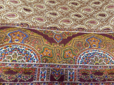 Lot 2000 - Late 19th Century Printed Silk Paisley Shawl, decorated with boteh within a burgundy fringed...
