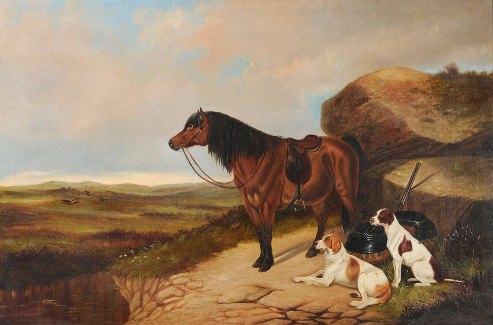 Lot 1060 - Colin Graeme Roe (1855-1910) Pony with a Setter, Pointer and Shotgun beside Rocks on a Moor Oil...