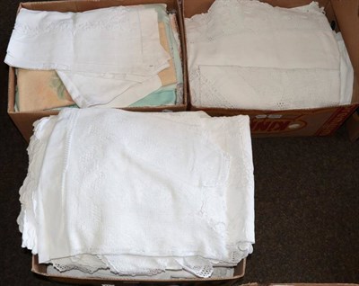 Lot 2013 - Assorted White Linen and Cotton Textiles, with crochet edging, table cloths, printed fabrics...