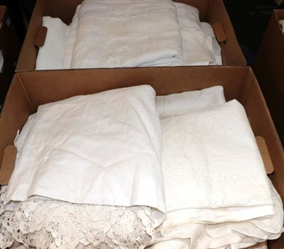 Lot 2015 - Assorted White Cotton and Linen Bed and Table Textiles, including embroidered bed covers, pina...