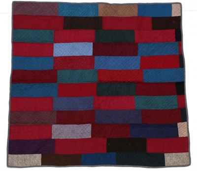 Lot 2017 - Late 19th Century Wool Patchwork Country Quilt, comprising used of wools in reds, blues, greens...