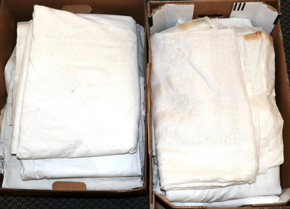 Lot 2020 - Assorted White Cotton and Linen Bed and Table Textiles, including embroidered bed covers, pina...