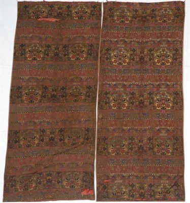 Lot 2025 - A Pair of French Late 19th Century Aesthetic Style Curtains, woven in red, pink, yellow, cream,...