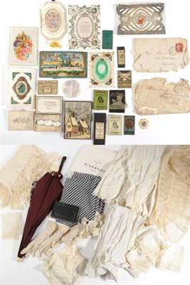 Lot 2030 - Assorted Costume Accessories and Haberdashery, including an umbrella with brown silk mount and...