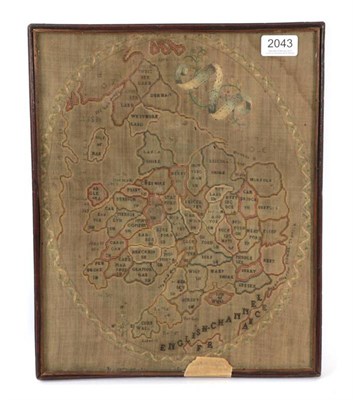 Lot 2043 - Early 19th Century Map Sampler of England and Wales, worked in an embroidered oval cartouche...