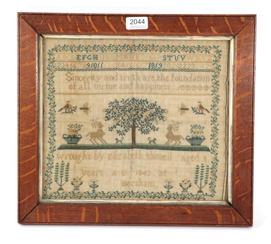 Lot 2044 - 19th Century Sampler, By Elizabeth Shimell, Aged 8, Dated 1843, worked centrally with a tree...