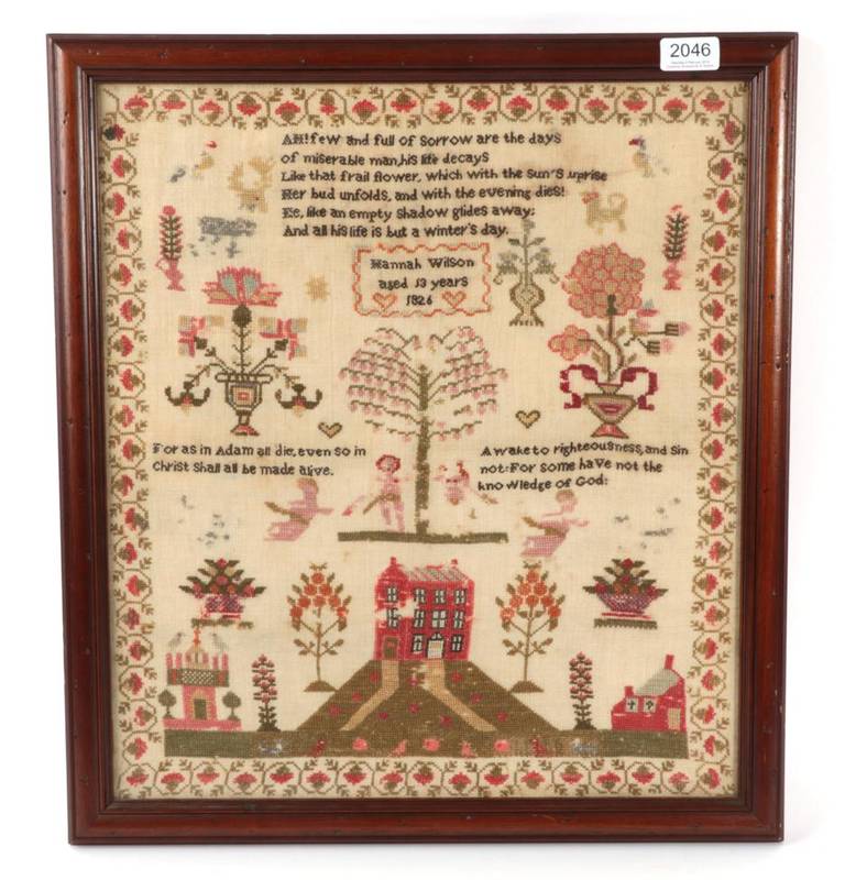 Lot 2046 - A 19th Century Adam & Eve Sampler, by Hannah Wilson, Aged 13 Years, Dated 1826, the upper...