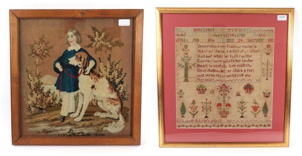 Lot 2047 - A 19th Century Needlework Panel, depicting a boy wearing a blue tunic with his arm around a...