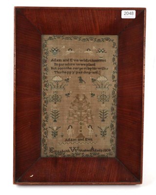Lot 2048 - An Early 19th Century Adam & Eve Sampler, by Elizabeth Whitaker, Dated 1808, Aged 9, worked...