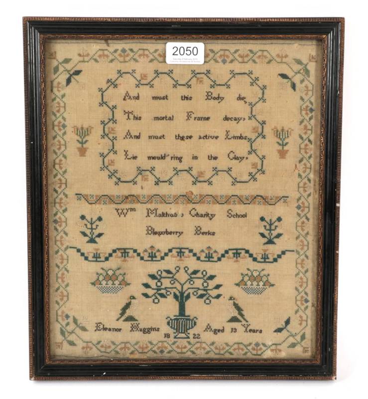 Lot 2050 - Early 19th Century School Sampler, by Eleanor Huggins, Aged 13 Years, Dated 1822, of Charity...