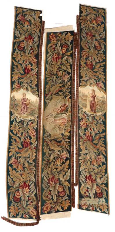 Lot 2052 - A French Hand Worked Wool Tapestry Door Portiere, in three pieces with petit point cartouches...