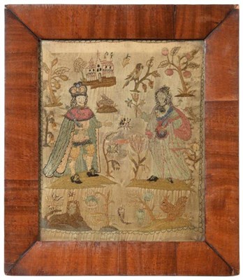 Lot 2053 - Circa 1680 Small Needlework Embroidery, depicting a King and Queen, the King stands on a knoll...