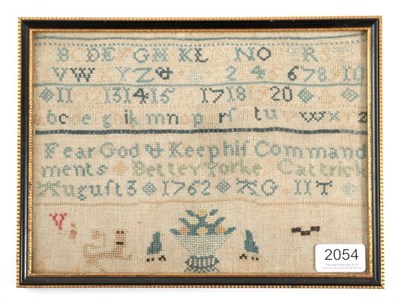 Lot 2054 - An 18th Century Small Sampler, by Bettey Yorke, Cattrick (sic), Dated Auguft (sic) 3 1762,...