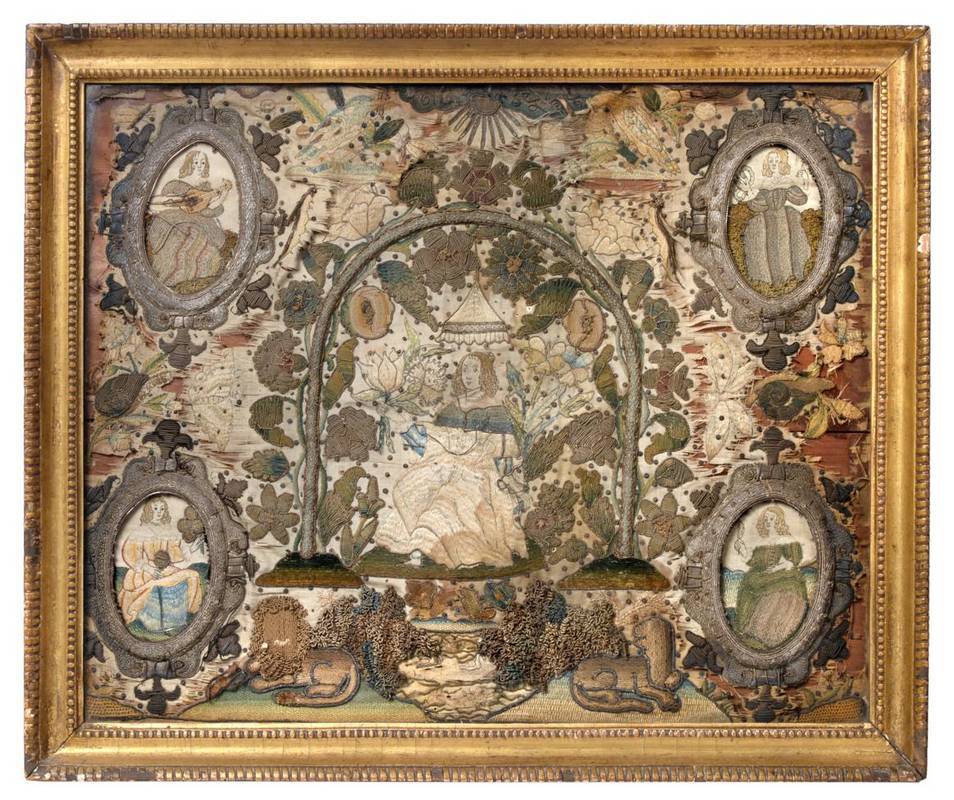 Lot 2055 - 17th Century Stumpwork Picture Depicting The Five Senses, with large central figure to the...