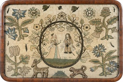 Lot 2056 - A 17th Century Stumpwork Embroidery in a later stand, depicting King Charles II and his wife...
