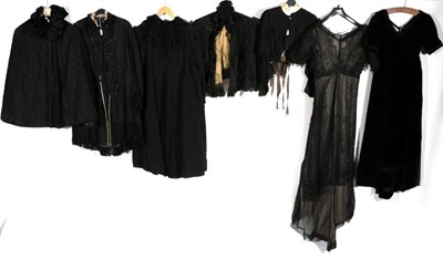 Lot 2061 - Victorian and Edwardian Costume, comprising black silk shoulder cape with net mount and lace trims