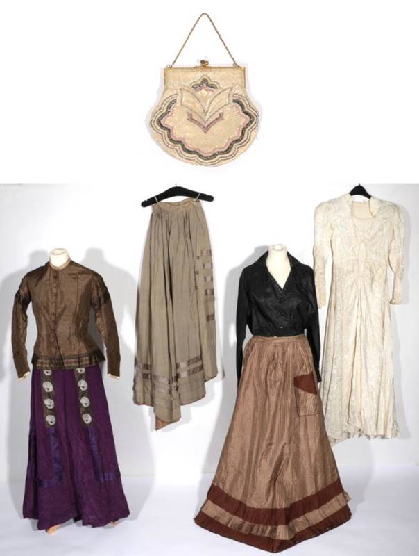 Lot 2063 - Victorian and Later Costume, comprising a brown checked silk skirt with ribbon trims and...