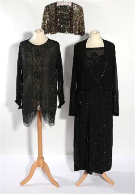 Lot 2078 - Early 20th Century Evening Wear, including a black chiffon long sleeved drop waist dress with black