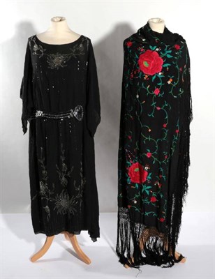 Lot 2079 - A Circa 1920s Black Chiffon Short Sleeved Drop Waist Dress, with bead and sequin faux belt and...