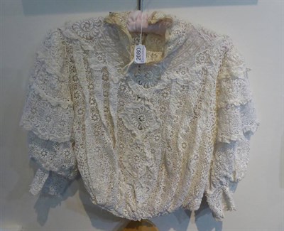 Lot 2080 - Edwardian Irish Crochet Lace Blouse, with raised flower heads, elbow length sleeves, round...