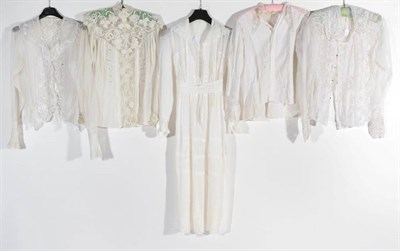 Lot 2081 - Edwardian Costume, comprising a white cotton blouse with floral embroidery to the front, pleats and