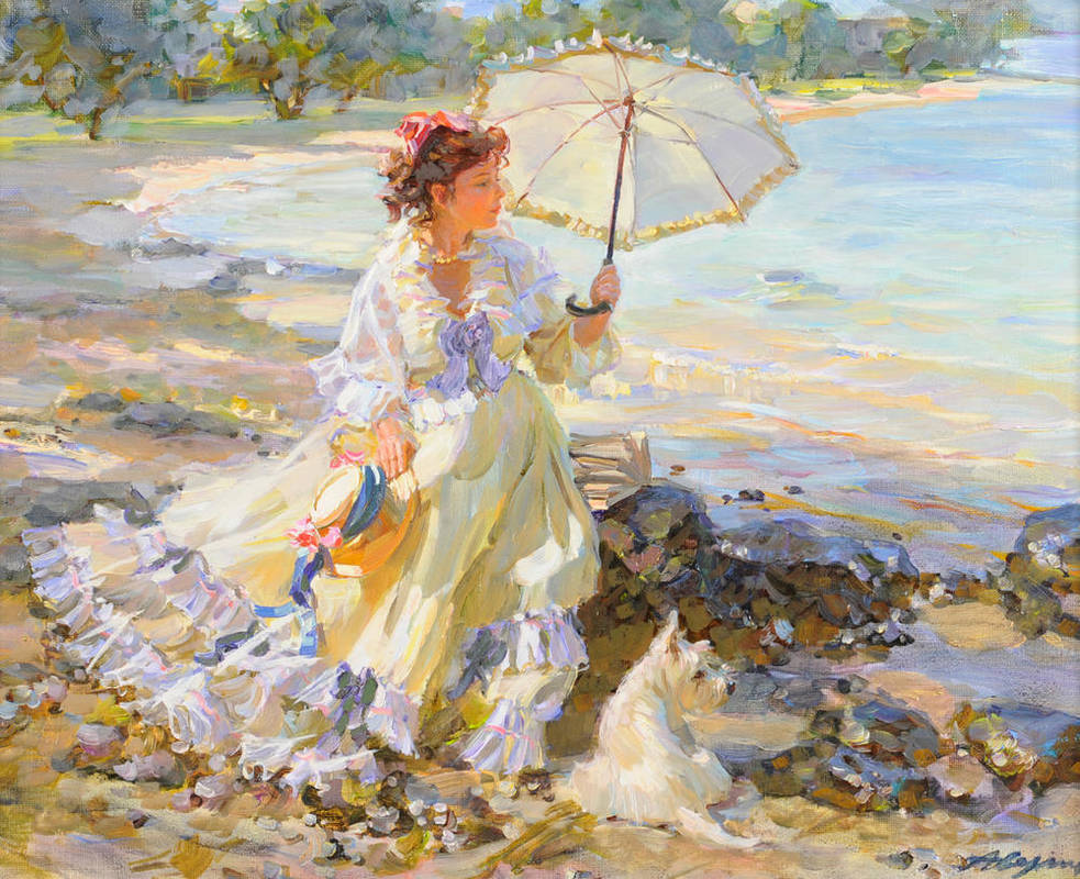 Lot 1071 - Alexandre Averin (b.1952) Russian Girl wearing a Summer Dress standing beside a Coastline holding a