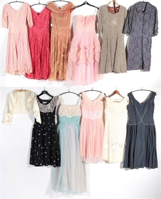 Lot 2118 - Assorted Circa 1950s and Later Lace Mounted and Other Dresses, including a light brown lace...