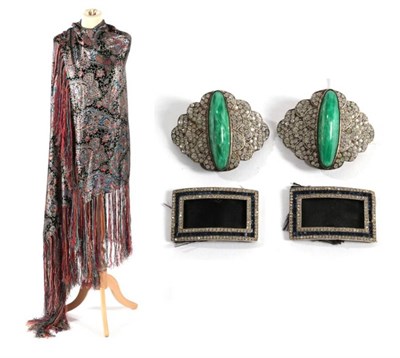 Lot 2140 - Circa 1920s Woven Metallic Shawl; a Pair of Circa 1930s Shoe Buckles, featuring green marbled...